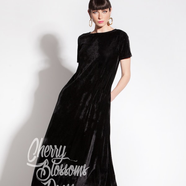 Black Maxi Dress, Velvet Dress, Flare Dress, Long Black Dress, Elegant Dress, Formal Dress, Evening Dress, Plus Size Dress, Cocktail Dress