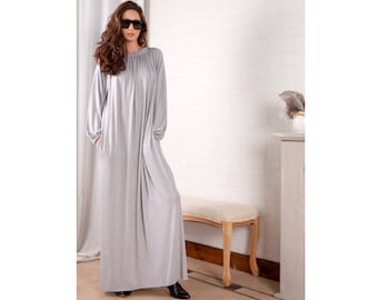 Grey Long Dress, Kaftan Maxi Dress with Long Sleeves, Caftan Dress, Everyday Dress, Plus Size Dress