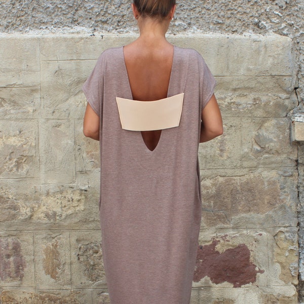 Caftan Dress Women, Mocha Backless Caftan Dress, Minimalist Dress, Plus Size Clothing, Beige Kaftan Dress, Open Back Kaftan