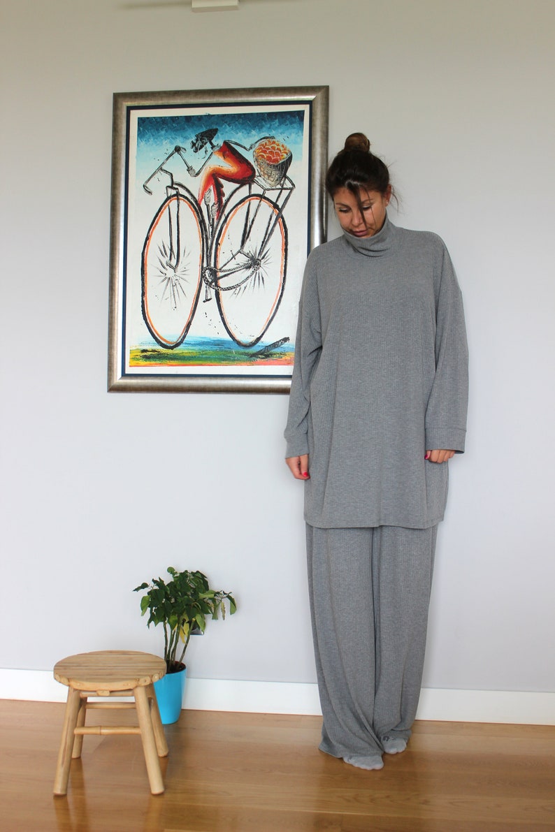 Grey Loungewear Set of 2, Winter Loungewear, Home Outfit, Turtleneck Tunic and Wide Leg Pants, Plus Size Comfortwear, Minimalist Clothing image 5