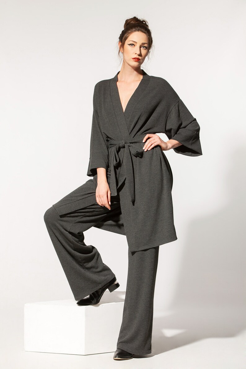 Handmade Viscose Knit Set of Wide Leg Pants and Kimono Robe, Loungewear Two Piece Set, Unisex Clothing image 9