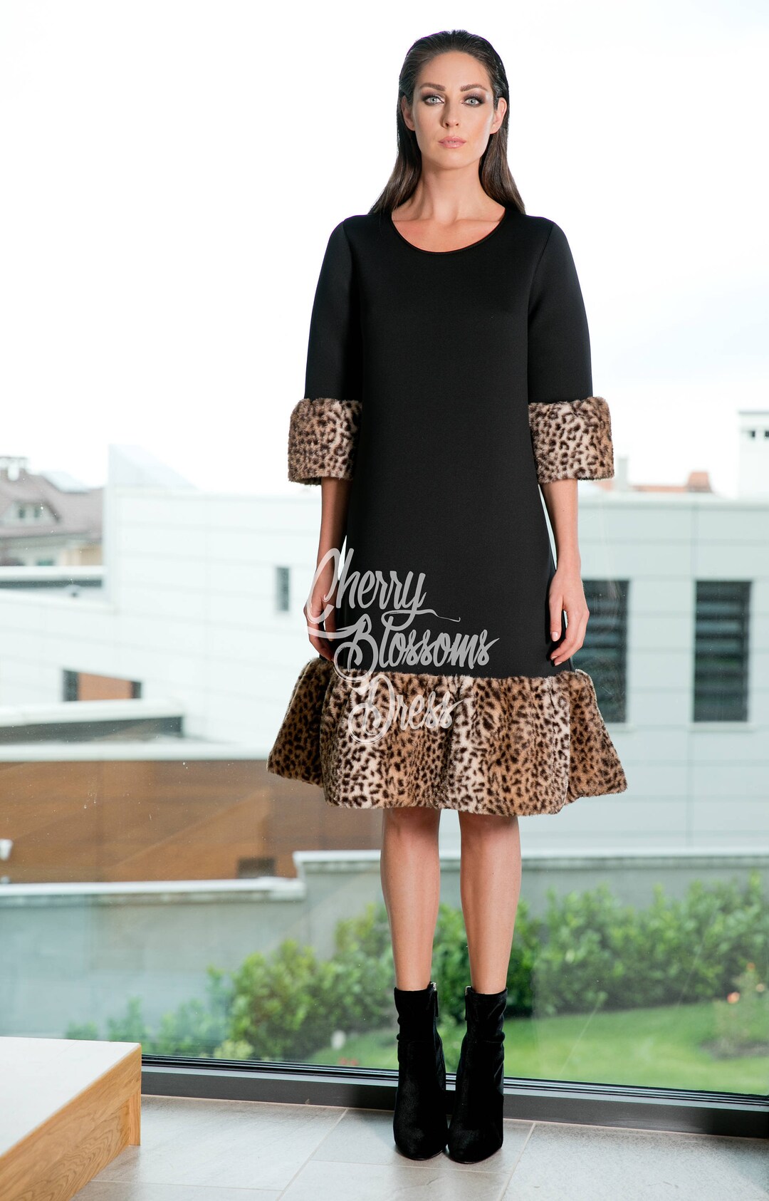 Dress for Women, Neoprene Elegant Dress, Black Dress With Animal Print Details, Formal Evening