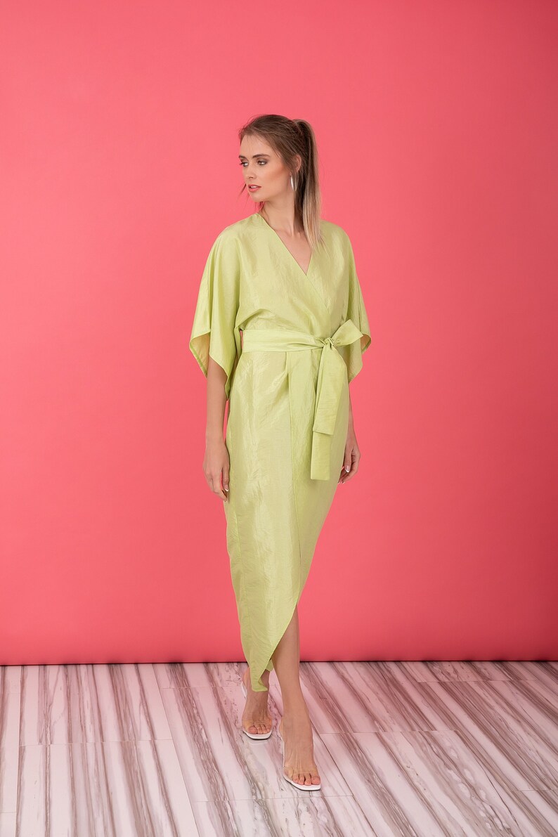 Pastel Green Taffeta Dress, Kimono Dress With Wide Sleeves, Wrap Midi Dress, Tulip Dress With Belt image 1