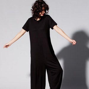 Women Jumpsuit with Pockets, Plus Size Harem Jumpsuit, Minimalist Overall, Black Jumpsuit with Loose Fit, Short Sleeve Jumpsuit image 3