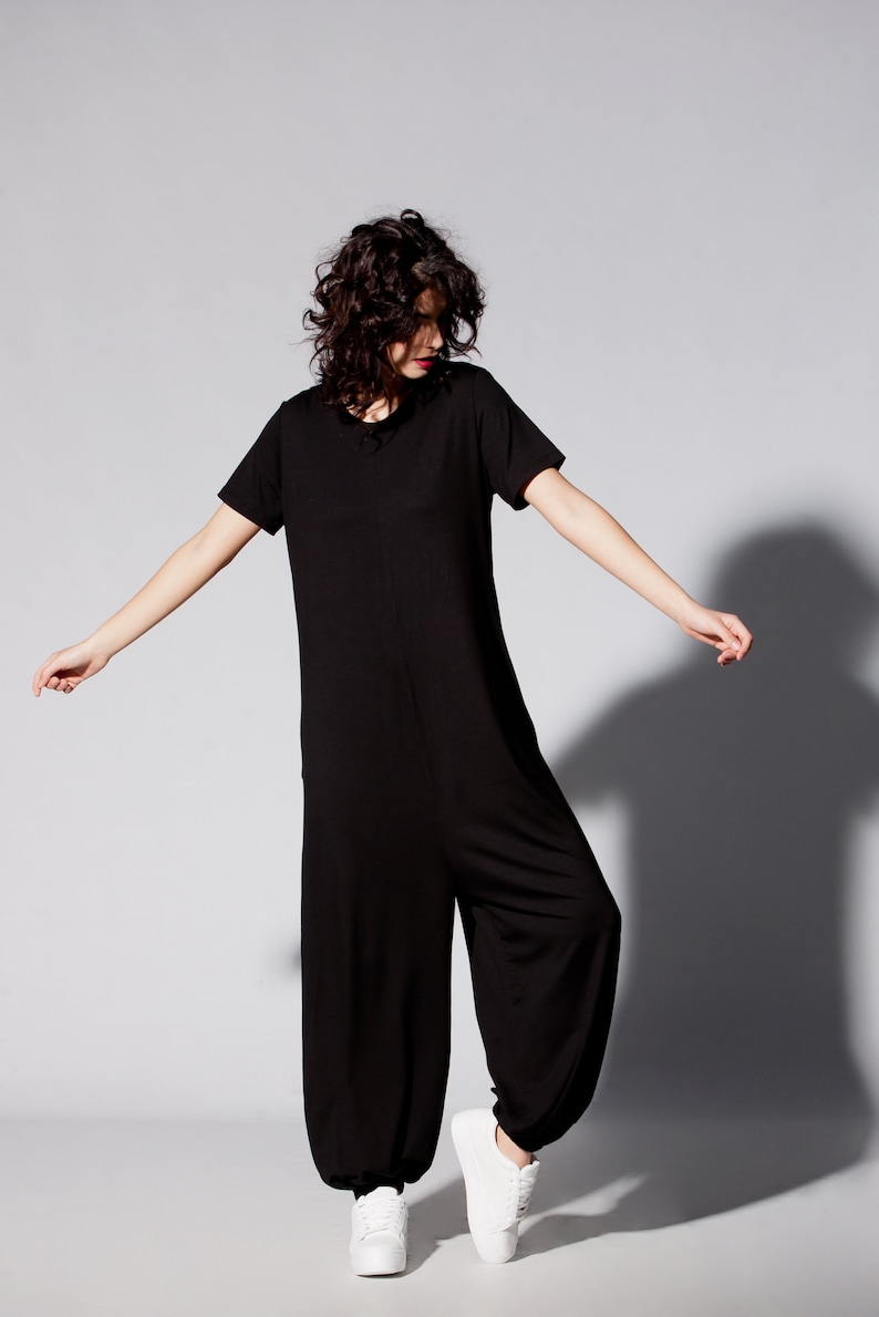 Women Jumpsuit with Pockets, Plus Size Harem Jumpsuit, Minimalist Overall, Black Jumpsuit with Loose Fit, Short Sleeve Jumpsuit image 3