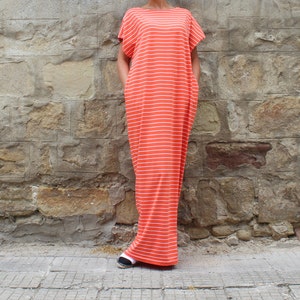 Summer Dress In Coral Color With Horizontal Stripes, Maxi Dress With Pockets, Plus Size Loose Dress, Coral Kaftan Dress