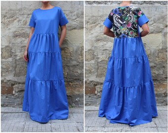 Blue Cotton Maxi Dress: Boho Summer Dress with Printed Back