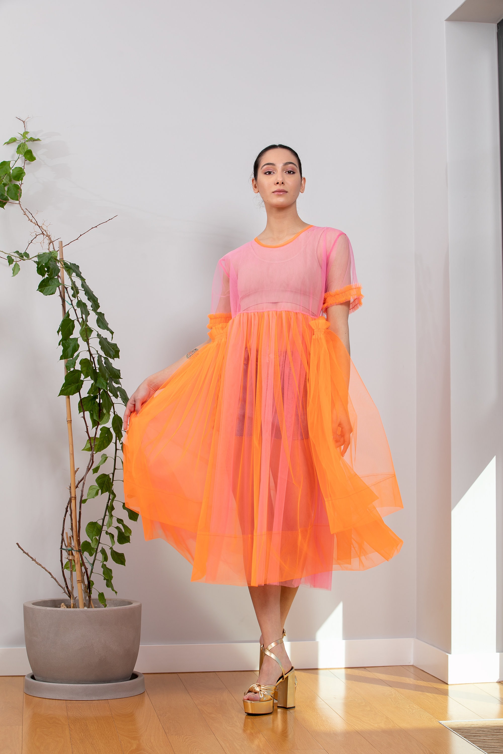 Pink and Orange Tulle Dress, Villanelle Dress, Sheer Summer Dress