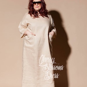 Plus Size Linen, Beige Linen Dress, Natural Clothing, Linen Kaftan Dress, Minimalist Dress, Simple Wedding Dress, Pocket Dress, Loose Maxi