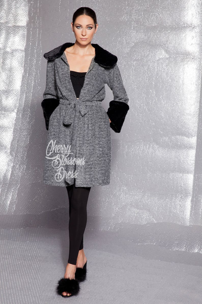Soft, Warm and Elegant Grey Cardigan with Faux Fur Cuffs, Trench Coat, Fur Coat, Winter Clothing image 5