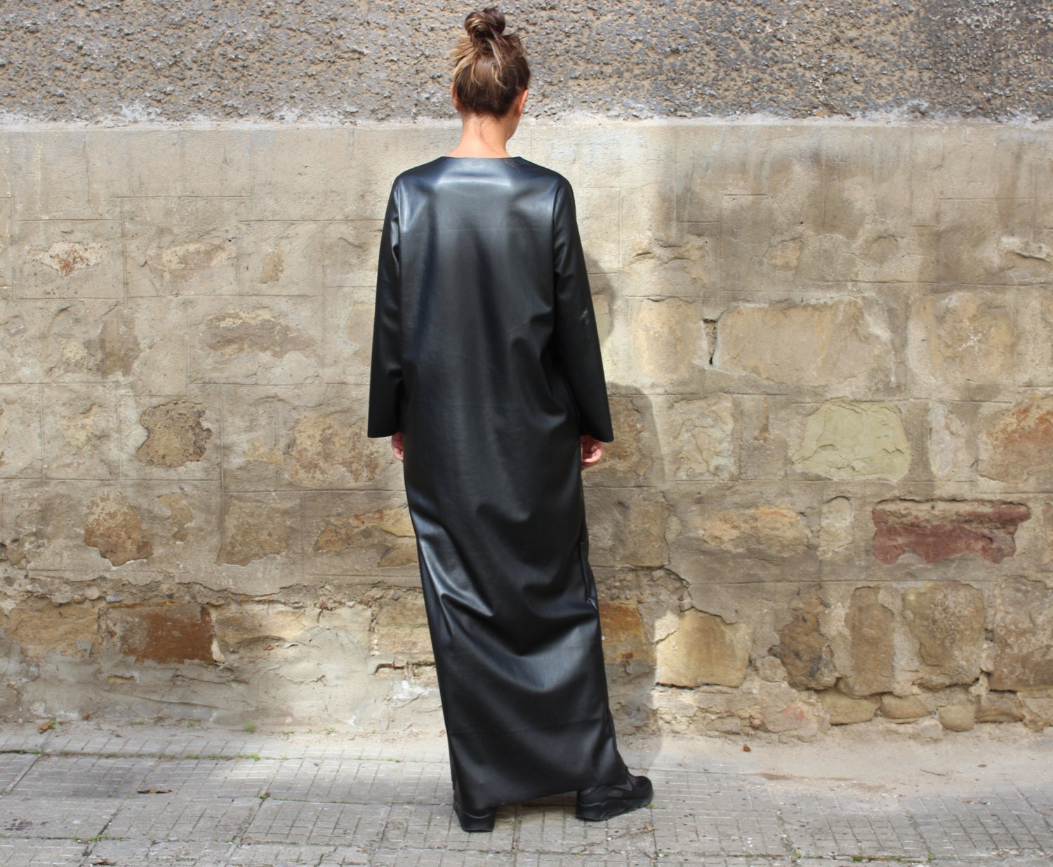 Women Leather Dress, Maxi Dress, Black Dress, Loose Dress