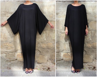 Abito caftano nero, abito gotico, abbigliamento taglie forti, abito lungo nero, abito abaya ampio, abito nero oversize