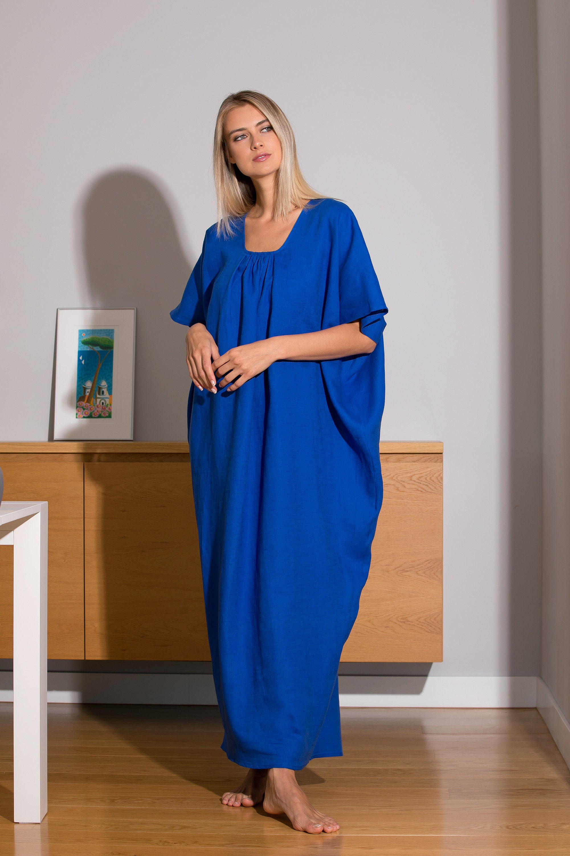 Blue Linen Kaftan Dress Beach Kaftan Abaya Dress Boho Etsy