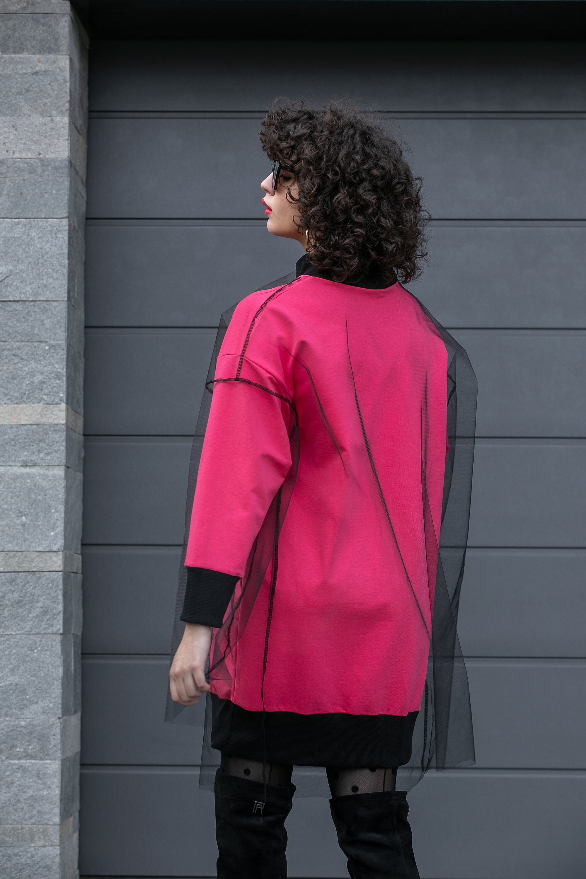 Pink Sweatshirt Dress: Fuchsia Cotton Sweater with Black Tulle Overlay Pink Sweatshirt Dress: Fuchsia Cotton Sweater with Black Tulle Overlay