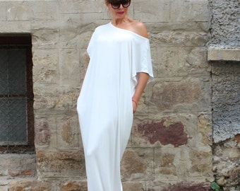 White Maxi Dress, Beach Wedding Dress, Boho Wedding Dress, Plus Size Dress, Off Shoulder Dress, Simple Wedding Dress, Bridal Kaftan Dress