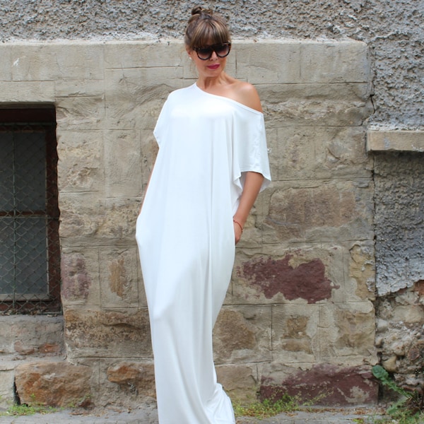 White Maxi Dress, Beach Wedding Dress, Boho Wedding Dress, Plus Size Dress, Off Shoulder Dress, Simple Wedding Dress, Bridal Kaftan Dress