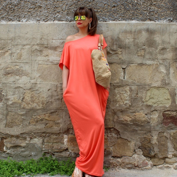 Robe Maxi Kaftan, Robe Off Shoulder, Robe Taille Plus, Robe Coral Beach, Robe Maxi d’été, Robe Boho, Robe Ample, Robe Longue