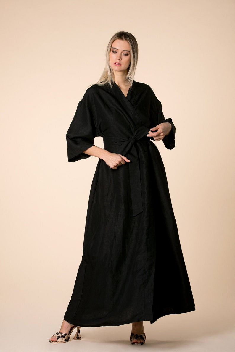 Black Linen Dress, Linen Maxi Dress, Linen Kimono Dress, Linen Clothing, Long Sleeve Dress, Linen Belt Dress, Linen A Line Dress, Bohemian image 1