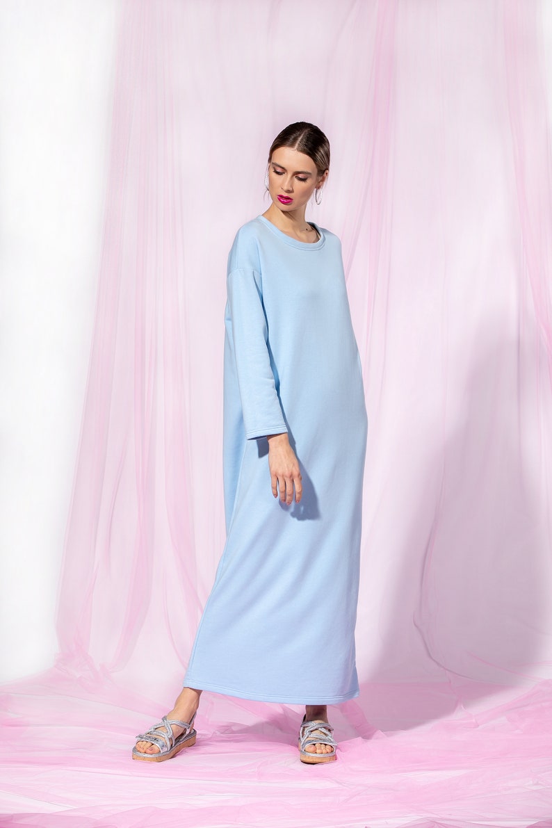 Sky Blue Maxi Dress, Minimalist Dress, Cotton Dress With Long Sleeves, Casual Dress, Loose Fit Dress, Minimalist Clothing, Simple Dress zdjęcie 6