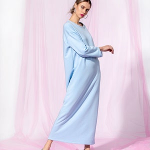 Sky Blue Maxi Dress, Minimalist Dress, Cotton Dress With Long Sleeves, Casual Dress, Loose Fit Dress, Minimalist Clothing, Simple Dress zdjęcie 3