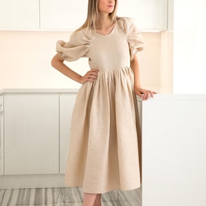 Beige Linen Dress With Oversized Puff Sleeves, Linen Boho Clothing, Linen Midi Dress, Vintage Style Summer Dress image 3