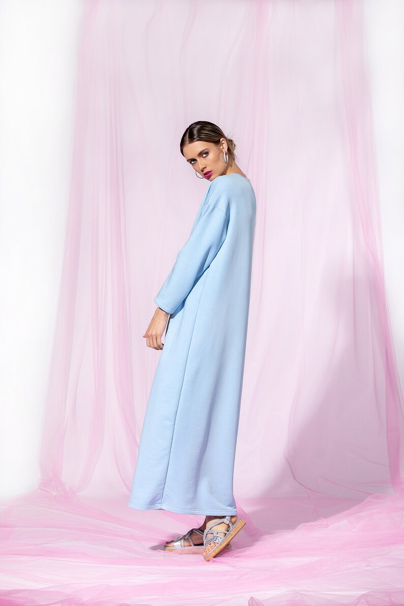 Sky Blue Maxi Dress, Minimalist Dress, Cotton Dress With Long Sleeves, Casual Dress, Loose Fit Dress, Minimalist Clothing, Simple Dress zdjęcie 7