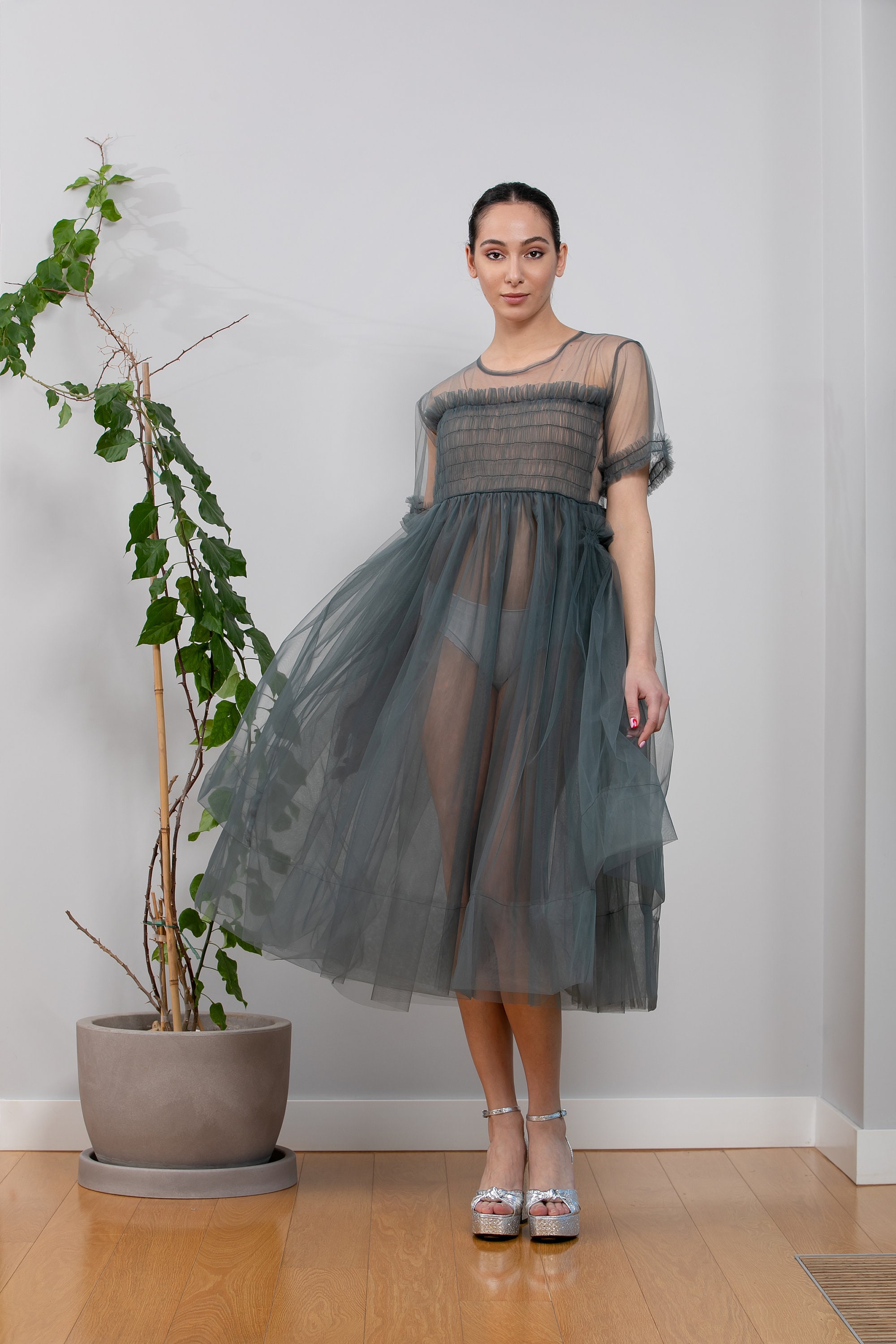 sheer grey dress Angelic Light Grey Tulle Off-shoulder Formal Dress