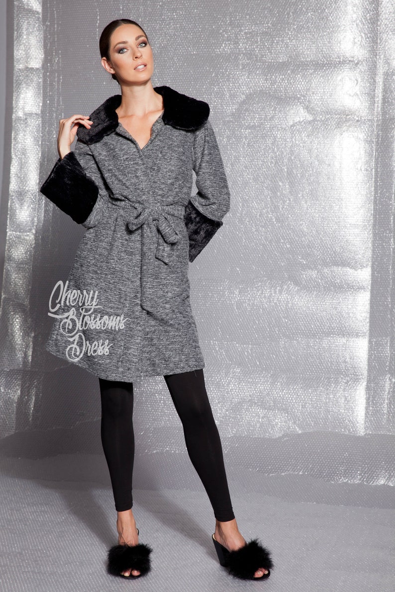 Soft, Warm and Elegant Grey Cardigan with Faux Fur Cuffs, Trench Coat, Fur Coat, Winter Clothing image 1