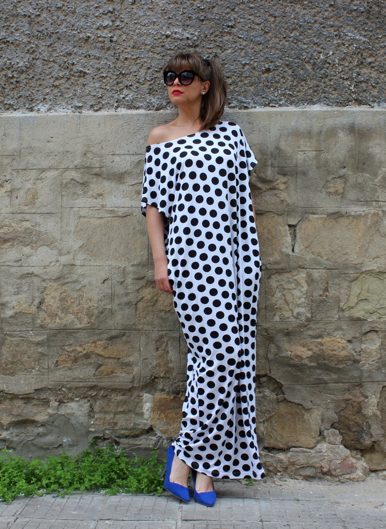 Elegant Summer Dress Loose Dress Women Maxi Dress Black and White Dress Women Kaftan Dress Polka Dot Dress Plus Size Clothing