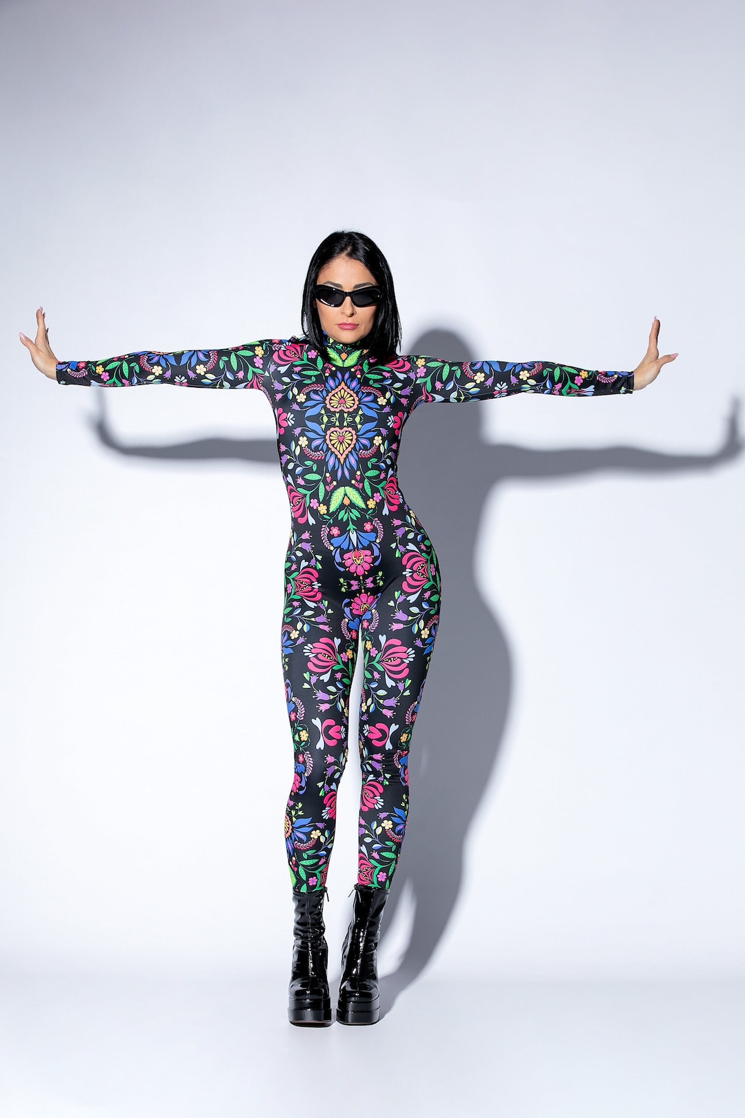 Floral Jumpsuit Bodysuit Flowers Catsuit Nude Mesh Miss Hawaii Halloween Costume