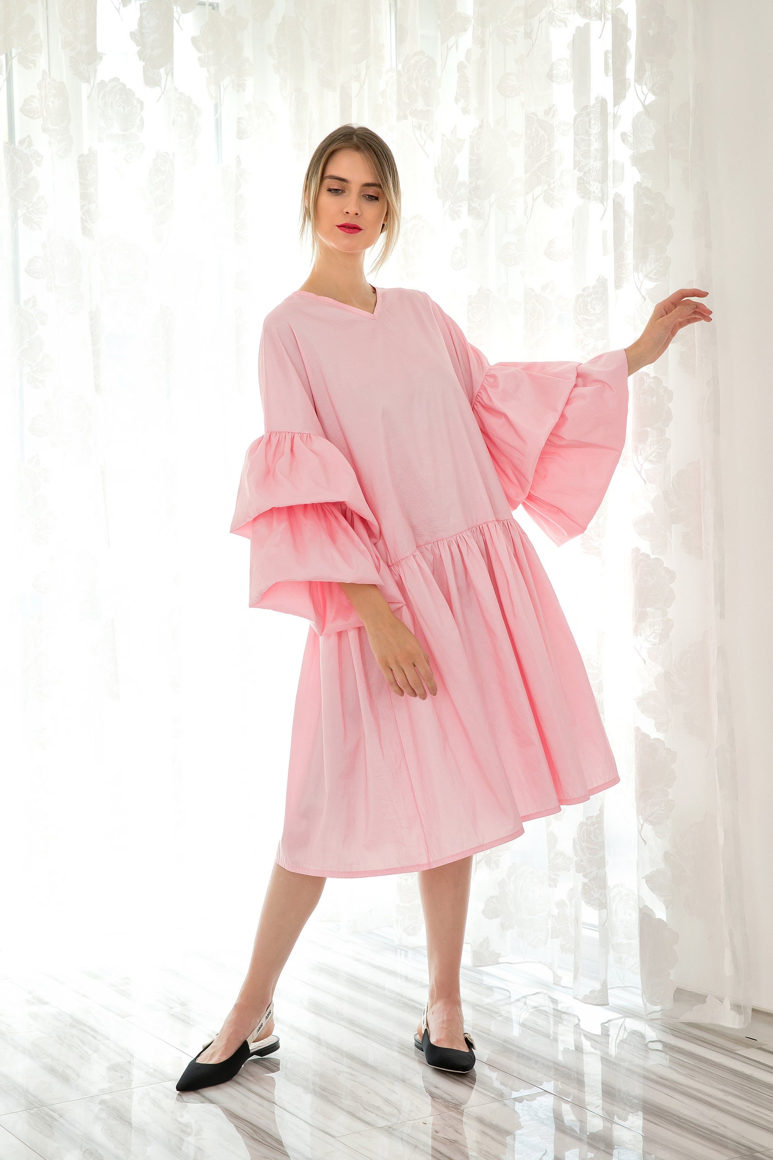 Pattern For Ruffle Loose Dress Pink Ruffle Dress in Taffeta, Maxi Dress for Parties and Weddings ...