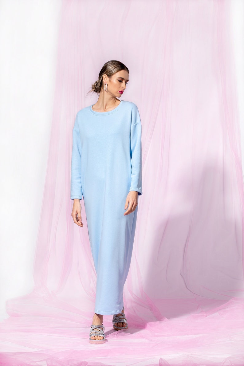 Sky Blue Maxi Dress, Minimalist Dress, Cotton Dress With Long Sleeves, Casual Dress, Loose Fit Dress, Minimalist Clothing, Simple Dress zdjęcie 4