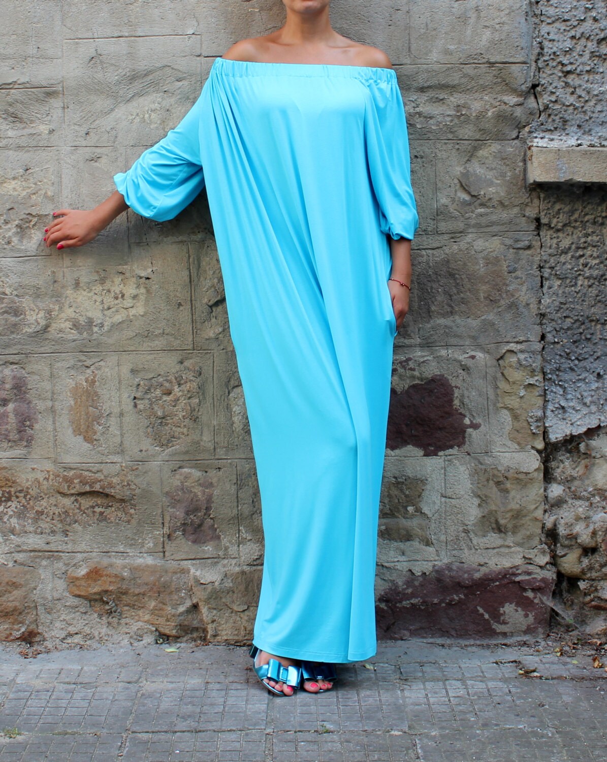 Turquoise Maxi Dress Caftan Off shoulders dress Abaya | Etsy