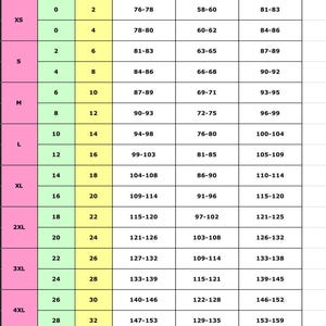 May include: A size chart for a dress, showing measurements in inches for bust, waist, and hips. The chart includes sizes XS through 5XL, with corresponding US and UK sizes.