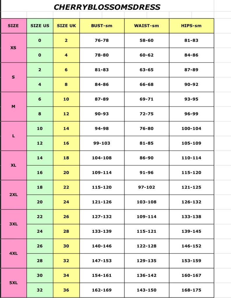 May include: A size chart for a dress, showing measurements in inches for bust, waist, and hips. The chart includes sizes XS through 5XL, with corresponding US and UK sizes.
