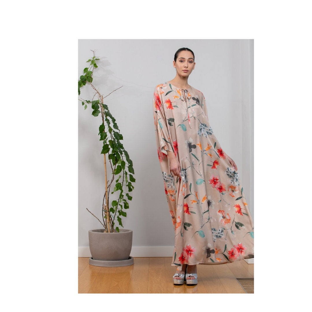 Floral Printed Yellow Polyester Kaftan Plus Size Dress For Women main image 0