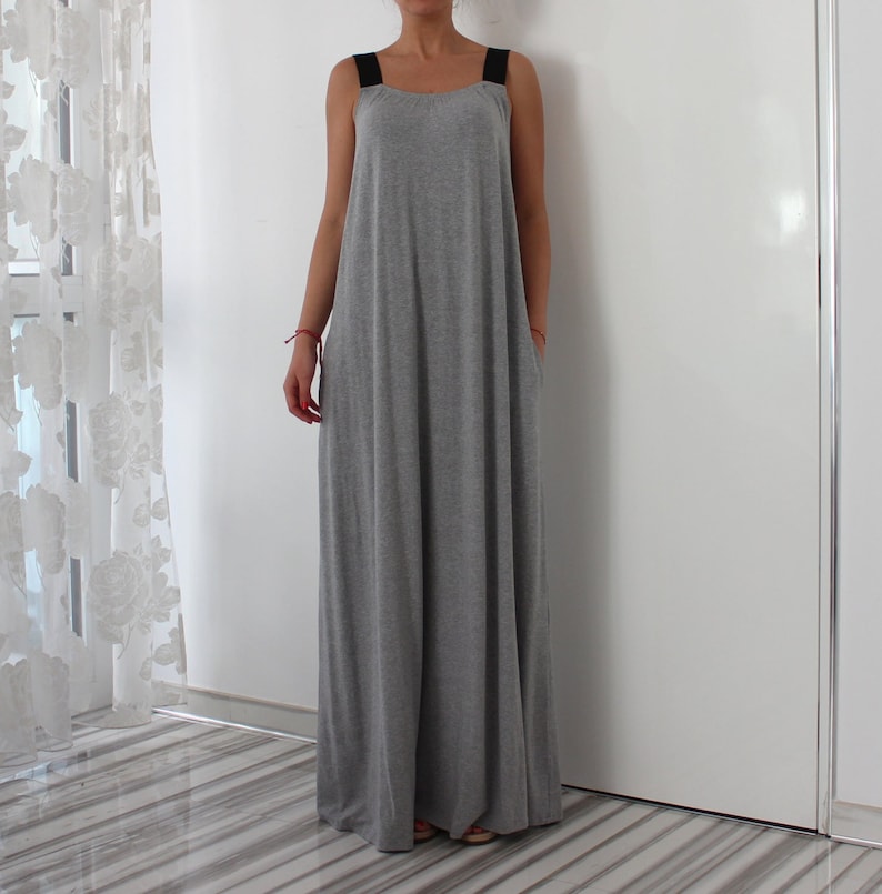 Summer Dress, Wide Strap Maxi Dress in Gray, Summer Maxi Dress, Day Dress For Summer, Open Back Dress, Plus Size Maxi Dress image 1