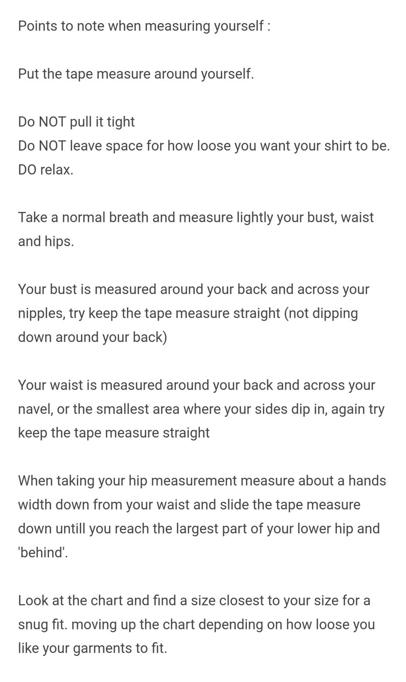 May include: A text-based guide on how to measure your bust, waist, and hips for clothing. The guide includes tips on how to take accurate measurements and how to use the measurements to find the right size.