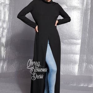 Black Soft Knit Open Front Long Tunic Maxi Dress with Long Sleeve and High Neck, Comfortable Winter Tunic Dress, Avant Garde Cover Up Dress image 6