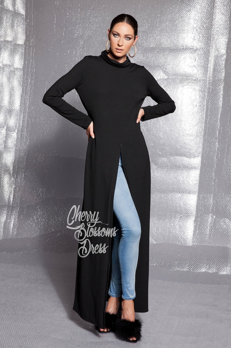 Black Soft Knit Open Front Long Tunic Maxi Dress with Long Sleeve and High Neck, Comfortable Winter Tunic Dress, Avant Garde Cover Up Dress image 6