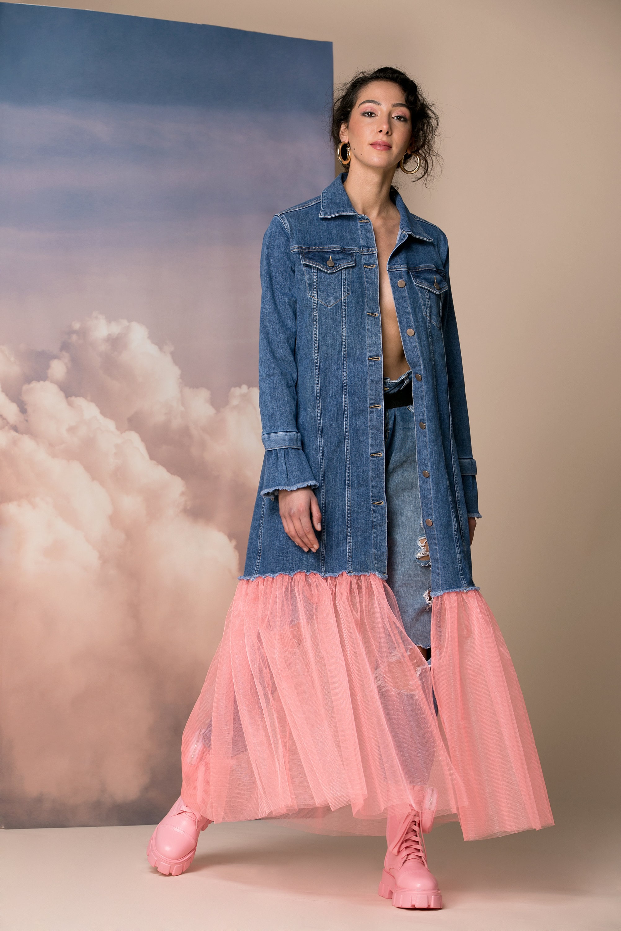 Oversized Denim Jacket With Tulle Tutu Avant Garde Jacket 