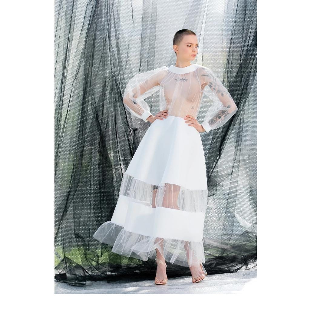 Buy White Tulle Neoprene Maxi Dress: See Through Techwear Wedding