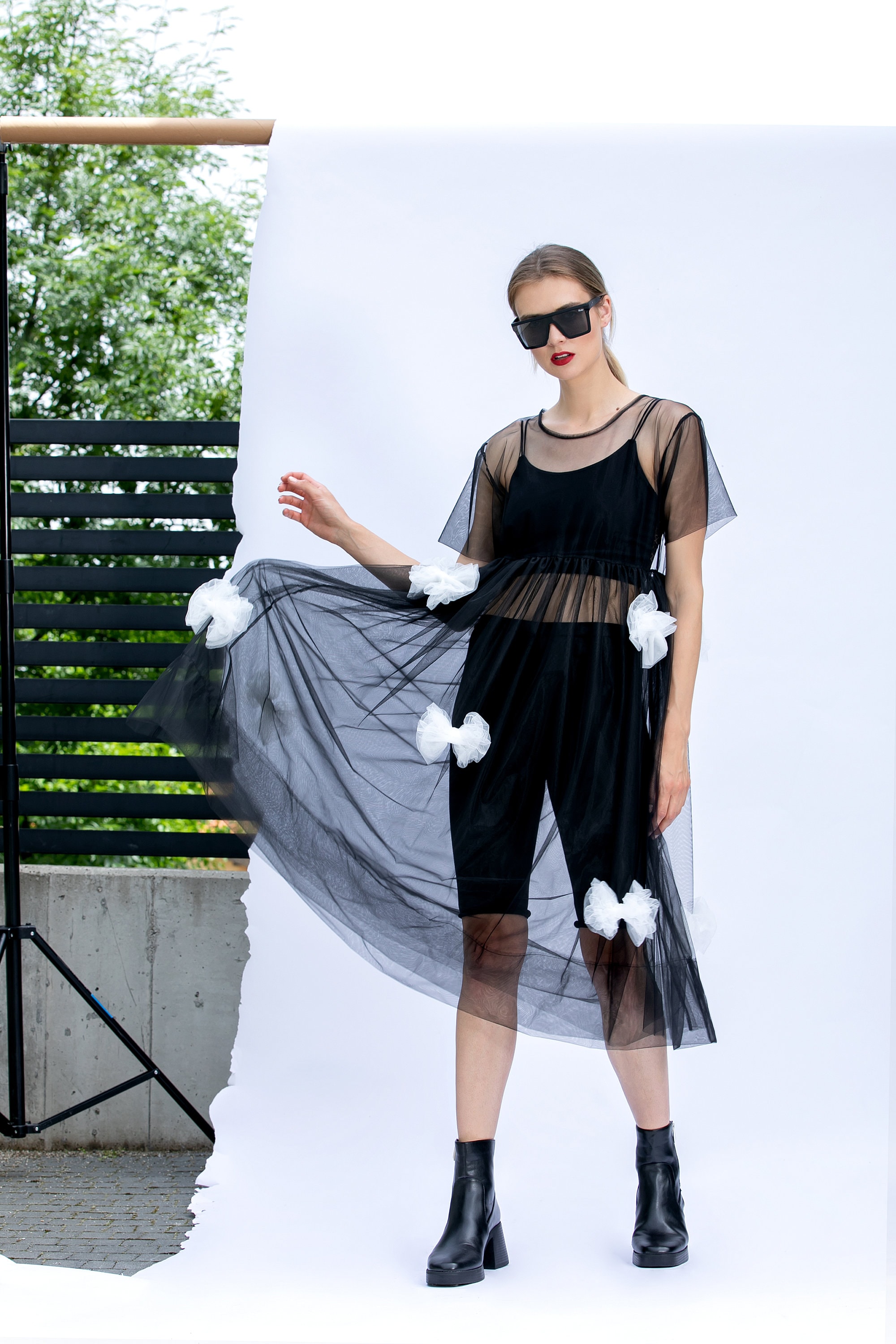 Black Sheer Tulle Dress - Gothic Festival Outfit, Mesh See-Through Party Dress, Custom Sizes Black Sheer Tulle Dress - Gothic Festival Outfit, Mesh See-Through Party Dress, Custom Sizes