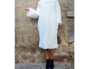 Fluffy White Sweater Dress: Midi Faux Fur Turtleneck (M Size)