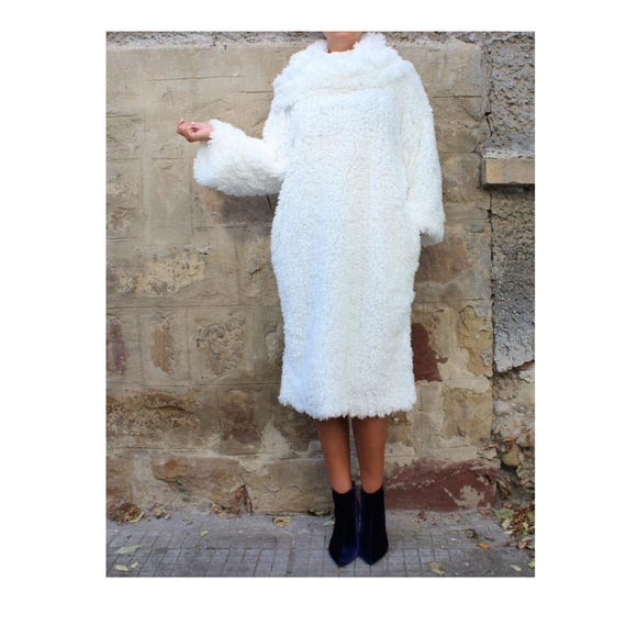 Fluffy White Sweater Dress: Midi Faux Fur Turtleneck (M Size)