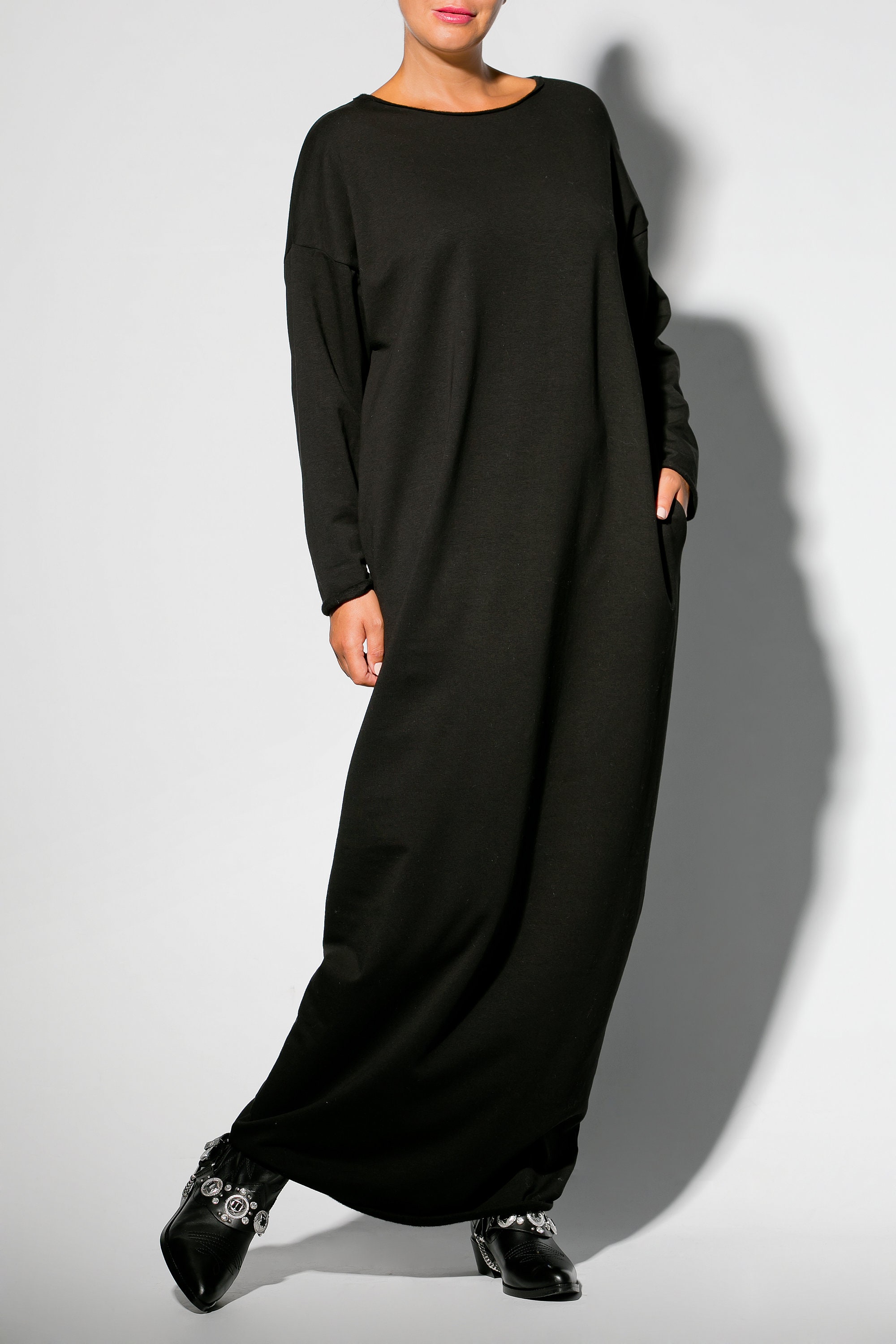 Black Maxi Dress, Loose Cotton Long Sleeve Loungewear, Plus Size