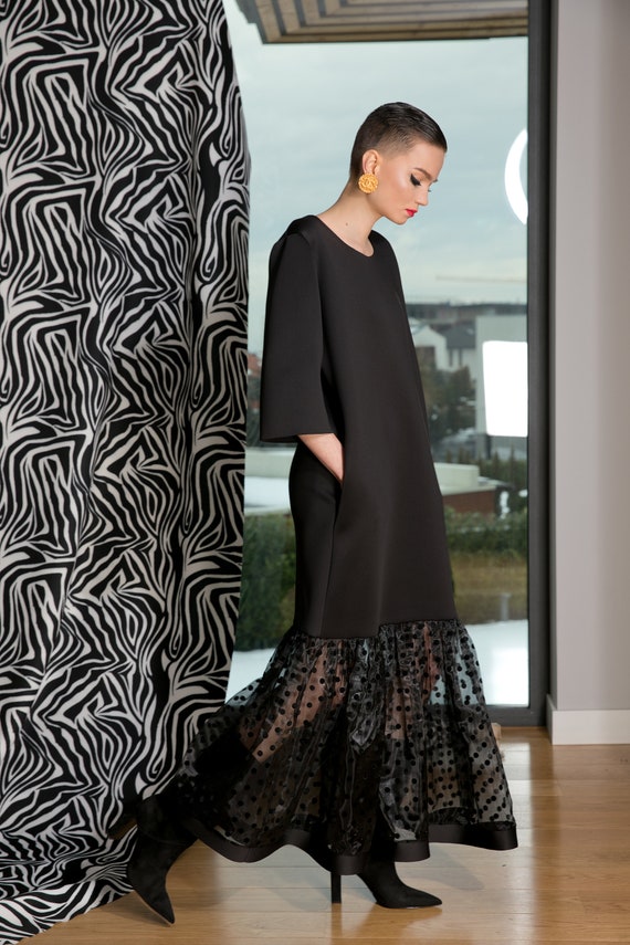 Black Long Dress, Neoprene Dress, Plus Size Clothing, Dress for Women, Gothic Dress, Evening Dress, Fall Dress, Organza Dress, Goth Style