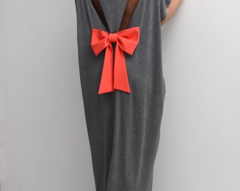 Dark Grey Backless Dress with Back Cutouts And Orange Ribbon, Loose Fit Kaftan Dress For Summer, Women Dress Gray