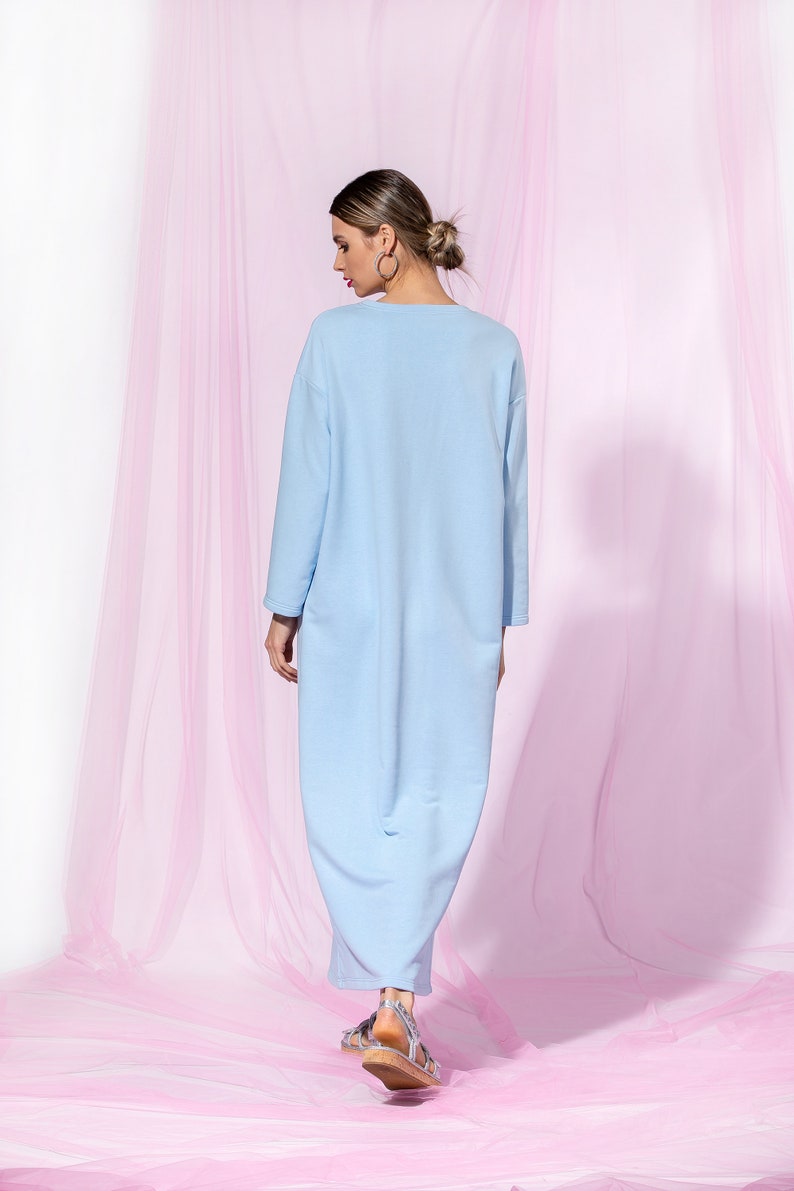 Sky Blue Maxi Dress, Minimalist Dress, Cotton Dress With Long Sleeves, Casual Dress, Loose Fit Dress, Minimalist Clothing, Simple Dress zdjęcie 8