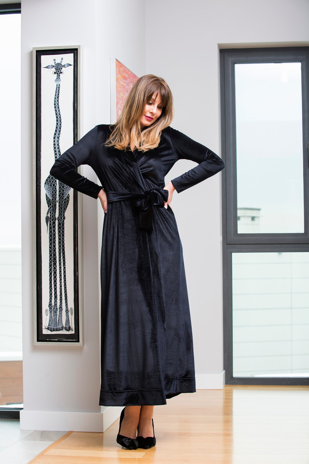 Black Velvet Dress, Long Wrap Dress With Belt, Elegant Evening Dress